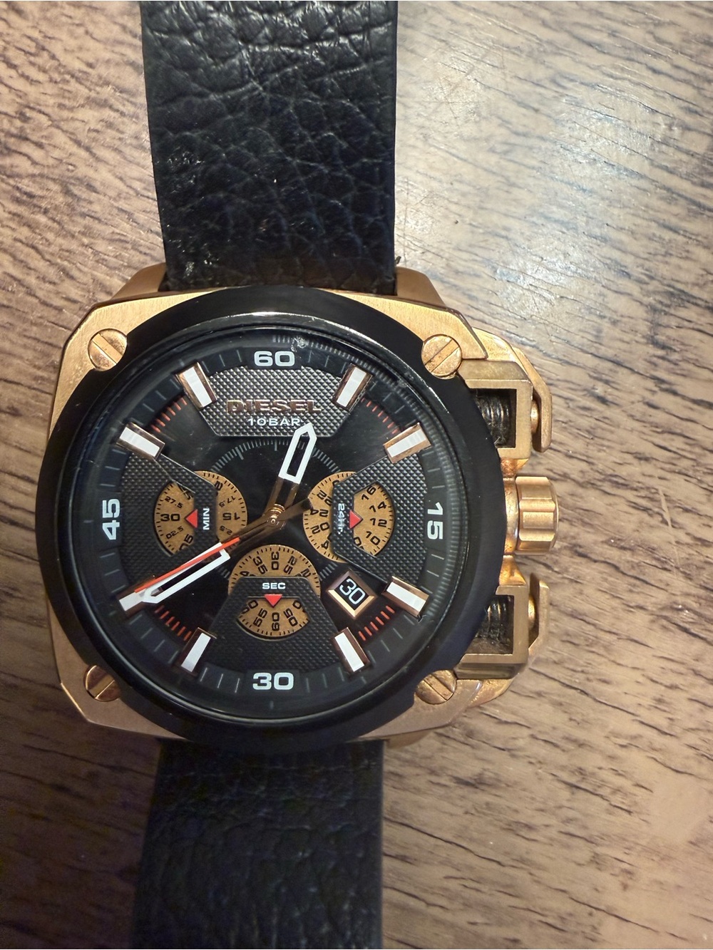 Diesel Black Leather Strap Watch with Gold Case and Black Dial - Picture 3 of 8